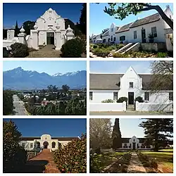 Top left: Oudekerk Tulbagh, right: Church street, middle left: Main street with Winterhoek Mountains in the background, right: Danie Theron House, bottom left: Drostdy museum, right: the old Parsonage