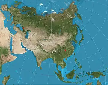 Image 11Two-point equidistant projectionMap: Strebe, using the Geocart map projection softwareA two-point equidistant projection of Eurasia. All distances of other points from the two points marked in red (45°N 40°E and 30°N 110°E) are correct. This map is a derivative of NASA's Blue Marble summer month composite, with oceans lightened to enhance legibility and contrast.More selected pictures