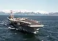 Abraham Lincoln sailing in the Gulf of Alaska as part of a joint training exercise, specifically during the "Northern Edge" Joint Training Exercise.