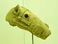 A low-fired 5th to 6th century Kofun and Asuka Japanese earthenware pottery horse head. Brooklyn Museum.