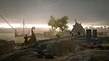 2 Saxons fight 2 Vikings on a bridge at the docks