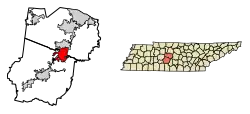 Location of Spring Hill in Williamson and Maury County, Tennessee (left) and of both counties in Tennessee (right)