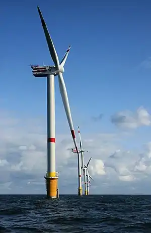 Image 12Thorntonbank Wind FarmPhoto credit: Hans HillewaertWind turbines belonging to the Thorntonbank Wind Farm located in the North Sea, 28&nbsp;km (17&nbsp;mi) off the coast of Belgium. Electricity generation started in early 2009, with an initial capacity of 30 MW, and that number is expected to rise to 300 MW by 2015. A 37&nbsp;km (23&nbsp;mi) 150 kV undersea cable connects the wind farm to the shore.More selected pictures