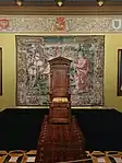 Coat of arms of Lithuania crowned with Gediminas' Cap in one of the rooms of the Palace of the Grand Dukes of Lithuania in Vilnius