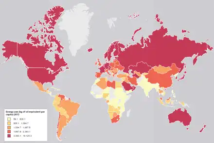 Image 14A map showing the world energy consumption per capita based on 2013 data from the World Bank. (from Urban geography)