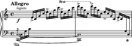 \new PianoStaff <<
\new Staff = "Up" \with { \magnifyStaff #3/4 } <<
\new Voice \relative c' {
s^\markup{\italic legato} \f
}
\new Voice \relative c' {
\clef treble
\tempo "Allegro"
\set Score.tempoHideNote = ##t \tempo 4 = 176
\key c \major
\time 4/4
\change Staff = "Down"
b16 \rest \sustainOn c, g' c
\change Staff = "Up"
e->-. c g' c e->-. c g' c
\ottava #1
\set Staff.ottavation = #"8va"
e->-. c g' c e->-. c g c,
\ottava #0
e->-. c g c, e->-. c g c, e->-. c
\change Staff = "Down"
g c, \sustainOff
}>>
\new Staff = "Down" \with { \magnifyStaff #3/4 } \relative c {
\clef bass
\time 4/4
\key c \major
\tieDown
<c c,>1~<c c,>
}
>>