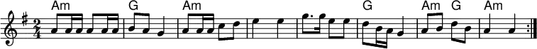 <<
\new ChordNames \chordmode {
\set chordChanges = ##t
a4:m a4:m |%1
g4 g4 |%2
a4:m a4:m |%3
a4:m a4:m |%4
a4:m a4:m |%5
g4 g4 |%6
a4:m g4 |%7
a4:m a4:m |%8
}
\new Staff \relative c''{
\key a \dorian
\time 2/4
\repeat volta 2 { %start repeat
a8 a16 a a8 a16 a |%1
b8 a g4 |%2
a8 a16 a c8 d |%3
e4 e4 |%4
g8. g16 e8 e |%5
d8 b16 a g4 |%6
a8 b8 d8 b8 |%7
a4 a4 |%8
} %end repeat
}
>>
