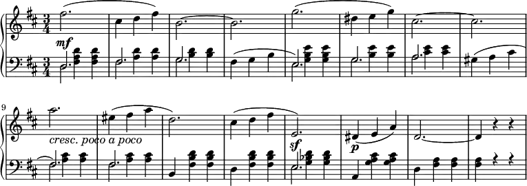 \relative c' {
\new PianoStaff <<
\new Staff { \key b \minor \time 3/4
\set Score.tempoHideNote = ##t
\tempo "" 2. = 64
fis'2.( cis4 d fis) b,2.~ b g'( dis4 e g) cis,2.~ cis \set crescendoText = \markup { \italic { cresc. poco a poco} }
\set crescendoSpanner = #'text \override DynamicTextSpanner.style = #'none a'\< eis4( fis a d,2.) cis4( d fis e,2.)\sf dis4\p( e a) d,2.~ d4 r r
}
\new Dynamics {
s\mf
}
\new Staff { \key b \minor \time 3/4 \clef bass
<< {\stemDown s4 <fis, a d> <fis a d> s4 <a d> <a d> s4 <b d> <b d> s2. s4 <g b e> <g b e> s4 <b e> <b e> s <cis e> <cis e> s2. s4 <a cis> <a cis> s <a cis> <a cis> \once \stemUp b, <fis' b d> <fis b d> d <fis b d> <fis b d> s4 <g bes d> <g bes d> \once \stemUp a, <g' a cis> <g a cis> d <fis a> <fis a> <fis a> r r}
\\
{\slurUp d2. fis g fis4( g b e,2.) g a gis4( a cis fis,2.) fis s2. s e2.}
\\
{d2. fis g s2. e g a s2. fis fis s2. s e2.}>>
} >>
}