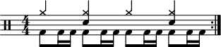 \version "2.22.0"
\header { tagline = ##f}
\score {
\drums \with {midiInstrument = "drums"}
\with { \numericTimeSignature }
{
\repeat volta 2 {
<<{cymra4 <cymra sne> cymra <cymra sne>}\\{bd8 bd16 bd16 bd8 bd16 bd16 bd8 bd16 bd16 bd8 bd16 bd16}>>\break
}
}
\layout {}
}
\score {
\unfoldRepeats {
\drums \with {midiInstrument = "drums"}{
\repeat volta 2 {
<<{cymra4 <cymra sne> cymra <cymra sne>}\\{bd8 bd16 bd16 bd8 bd16 bd16 bd8 bd16 bd16 bd8 bd16 bd16}>>\break
}
}
}
\midi { \tempo 4 = 120 }
}