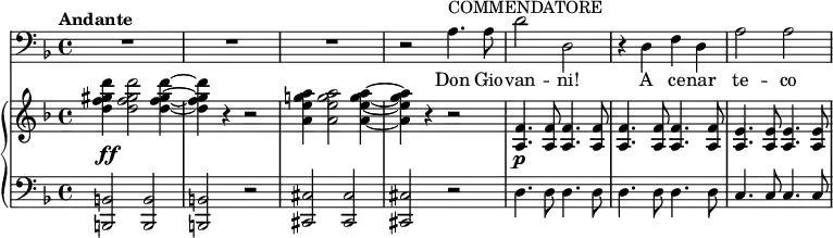 {
<<
\new Staff <<
\tempo Andante
\relative c' {
\set Score.tempoHideNote = ##t \tempo 4 = 86
\set Staff.midiInstrument = #"trombone"
\clef bass \key d \minor \time 4/4
R1 R1 R1 r2 a4.^\markup { COMMENDATORE } a8 d2 d, r4 d f d a'2 a
}
\addlyrics { Don Gio -- van -- ni! A ce -- nar te -- co }
>>
\new PianoStaff <<
\new Staff <<
\set Staff.midiInstrument = #"string ensemble 1"
\clef treble \key d \minor \time 4/4
\relative c'' {
\override DynamicLineSpanner.staff-padding = #3
<d f gis d'>4\ff <d f gis d'>2 <d f gis d'>4~ <d f gis d'>4 r4 r2 <a e' g! a>4 <a e' g a>2 <a e' g a>4~ <a e' g a>4 r4 r2 <a, f'>4.\p <a f'>8 <a f'>4. <a f'>8 <a f'>4. <a f'>8 <a f'>4. <a f'>8 <a e'>4. <a e'>8 <a e'>4. <a e'>8
}
>>
\new Staff <<
\clef bass \key d \minor \time 4/4
\relative c, {
<b b'>2 <b b'> <b b'> r <cis cis'> <cis cis'> <cis cis'> r d'4. d8 d4. d8 d4. d8 d4. d8 c4. c8 c4. c8
}
>>
>> >> }