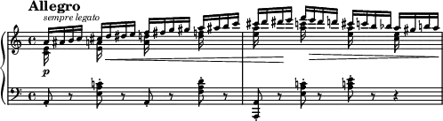 \new PianoStaff <<
\new Staff = "Up" \with { \magnifyStaff #2/3 } <<
\new Voice \relative c' {
\clef treble
\tempo "Allegro"
\set Score.tempoHideNote = ##t \tempo 4 = 144
\key a \minor
\time 4/4
\stemUp
a'16^\markup{\italic sempre \italic legato} ais b c cis d \< dis e f fis g gis a ais b c cis d dis \! e f e \> dis d cis c b bes a gis b a \!
}
\new Voice \relative c' {
\stemDown
<c e>16 \p s s s <e a> s s s <a d> s s s <d f> s s s <e a> s s s <a c> s s s <e a> s s s <c e > s s s
}
>>
\new Staff = "Down" \with { \magnifyStaff #2/3 } \relative c {
\clef bass
\time 4/4
\key a \minor
a8-. r <e' a c!>-. r a,-. r <f' a d>-. r <a,, a'>-. r <e'' a c!>-. r <a c! e>-. r r4
}
>>