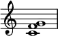{
\override Score.TimeSignature #'stencil = ##f
\relative c' {
\clef treble \time 4/4
<c f g>1
} }