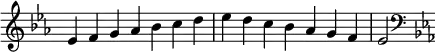 {
\override Score.TimeSignature #'stencil = ##f
\relative c' {
\clef treble \key es \major \time 7/4 es4 f g aes bes c d es d c bes aes g f es2
\clef bass \key es \major
} }