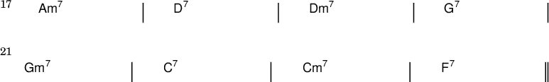 {
\new ChordNames \with {
\override BarLine #'bar-extent = #'(-2 . 2)
\consists "Bar_engraver"
}
\chordmode {
\override Score.BarNumber.font-size = #0
\override Score.BarNumber.stencil= #(make-stencil-boxer 0.1 0.25 ly:text-interface::print)
\set Score.barNumberVisibility = #all-bar-numbers-visible
\set Score.currentBarNumber = #17
\bar ""
a1:m7 | d:7 | d:m7 | g:7 |
\break
g:m7 | c:7 | c:m7 | f:7 \bar "||"
} }