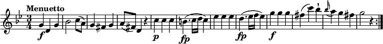 \relative c''' {
\tempo "Menuetto"
\key bes \major
\time 3/4
g,4\f d g
bes2 c8 (a)
g4 fis g
a8 (fis) d4 r4
c'4\p c c
b4.\fp (c16 d c4)
ees ees ees
d4.\fp (ees16 f ees4)
g4\f g g
fis (c') bes-!
\grace bes16 (a4) g fis
g2 r4\bar ":|."
}