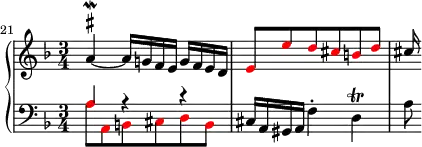 {
#(set-global-staff-size 16)
\new PianoStaff <<
\new Staff <<
\relative c'' {
\set Score.currentBarNumber = #21
\set Score.proportionalNotationDuration = #(ly:make-moment 1/8)
\bar ""
\clef treble \key d \minor \time 3/4
\once \override TextScript.script-priority = #-100 a4~^\mordent^\markup { \sharp } a16 g! f e g f e d
\override NoteHead.color = #red \stemUp e8 e' d cis b d
\override NoteHead.color = #black cis16
}
>>
\new Staff <<
\clef bass \key d \minor \time 3/4
\new Voice \relative c' {
\override NoteHead.color = #red a8 a, b cis d b
\override NoteHead.color = #black cis16 a gis a f'4-. d\trill a'8
}
\new Voice \relative c' {
\stemUp \override NoteHead.color = #red a4 r r
}
>>
>> }