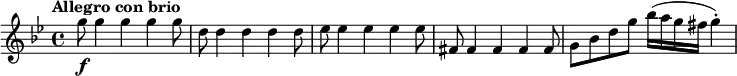 \relative c''' {
\set Score.tempoHideNote = ##t \tempo "Allegro con brio" 4 = 240
\key g \minor
g8\f g4 g g g8 |
d8 d4 d d d8 |
es8 es4 es es es8 |
fis,8 fis4 fis fis fis8 |
g8 bes d g bes16( a g fis g4)-. |
}