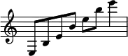{
\override Score.TimeSignature #'stencil = ##f
{
\relative c {
\time 4/4
e8 b' e b' e b' e4
}
} }