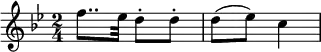 {
\relative c'' {
\set Staff.midiInstrument = #"violin"
\key bes \major
\time 2/4
\clef treble
f8.. es32 d8-. d-.
d( es) c4
} }