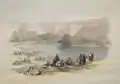 David Roberts' Immersion of the Pilgrims; the accompanying text notes: "In this View Achmet Aga, the Governor of Jerusalem, with a part of his Arab guard, occupy the foreground."