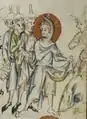 Jesus is carrying water in his lap, after his water jar got broken; other children are watching in surprise.