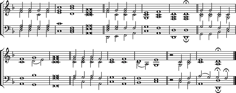 \new ChoirStaff <<
\new Staff \with {\consists "Merge_rests_engraver"} { \clef treble \time 4/2 \key d \minor \set Staff.midiInstrument = "church organ" \omit Staff.TimeSignature \set Score.tempoHideNote = ##t \override Score.BarNumber #'transparent = ##t \override Staff.NoteHead.style = #'altdefault
\relative c''
<< { a2 a g a | c1 d | a \breve \bar"||"
a2 g a f | e1 f | d d \fermata \bar"||"
g2 g d c \break f1 g | a \breve \bar"||"
a2 g a f | e1 f | d e \bar"||"
\time 3/2 r2 c d | \time 4/2 e1 d \fermata \bar"|." } \\
{ f2 f c f | <e g>1 <d bes'> | <c e> \breve
f2 c <c f> c | <g c>1 <a c> | <f a> <f a>
<bes d>2 2 bes g | c1 d2( e) | <c f> \breve
<c f>2 <c e> <c f> c | c1 c | bes2( a) g1
r2 g bes | c1 a } >>
}
\new Staff \with {\consists "Merge_rests_engraver"} { \clef bass \key d \minor \set Staff.midiInstrument = "church organ" \omit Staff.TimeSignature \override Staff.NoteHead.style = #'altdefault
\relative c
<< { <f a>2 2 g <f a> | c'1 <f, d> | <e a> \breve
<d f a>2 <e g> f f | g1 f | d d
g2 g f e | f1 bes | <f a> \breve
a2 g a f | g1 f | f e
r2 e f | a( g) g \fermata f \fermata } \\
{ d2 d e d | c1 bes | a \breve
d,2 e f a | c1 a | d, d \fermata
g2 g bes c | a1 g | f \breve
f'2 c f a, | c1 a | bes c
r2 c bes | a1 <d, d'> \fermata } >>
}
>>
\layout { indent = #0 }
\midi { \tempo 2 = 69 }