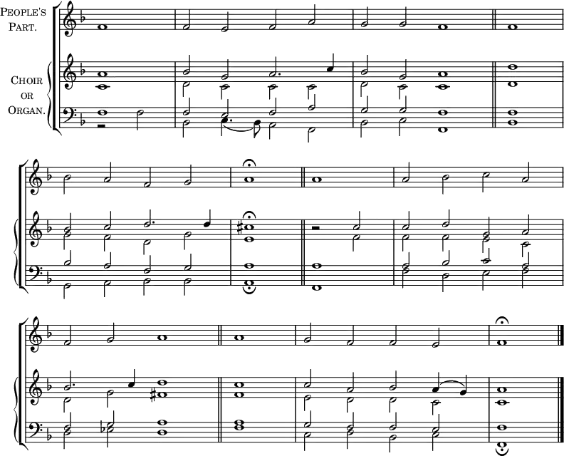\new ChoirStaff <<
\new Staff \with {
instrumentName = \markup {
\center-column { \smallCaps "People's"
\line { \smallCaps "Part." }
}
}
} {
\clef treble
\time 4/2
\partial 1
\key f \major
\set Staff.midiInstrument = "choir aahs"
\omit Staff.TimeSignature
\set Score.tempoHideNote = ##t
\override Score.BarNumber #'transparent = ##t
\relative c'
{ f1 | f2 e f a | g g f1 \bar"||" \time 2/2 f \break
\time 4/2 bes2 a f g | a1 \fermata \bar"||" a | a2 bes c a \break
f g a1 \bar"||" \time 2/2 a \time 4/2 g2 f f e | f1 \fermata \bar"|."}
}
\new PianoStaff \with {
instrumentName = \markup {
\center-column { \smallCaps "Choir"
\line { \smallCaps "or" }
\line { \smallCaps "Organ." }
}
}
} <<
\new Staff = "staff" \with { \consists "Merge_rests_engraver" } {
\clef treble
\key f \major
\set Staff.midiInstrument = "church organ"
\omit Staff.TimeSignature
\relative c''
<< { a1 | bes2 g a2. c4 | bes2 g a1 | d
bes2 c d2. 4 | \time 2/2 cis1 \fermata | r2 c | \time 4/2 c d g, a
bes2. c4 d1 | c | c2 a bes a4( g) | a1}
\\
{ c,1 | d2 c c c | d c c1 | d
g2 f d g | e1 r2 f2 | f f e c
d g fis1 | f | e2 d d c | c1 } >>
}
\new Staff \with { \consists "Merge_rests_engraver" } {
\clef bass
\key f \major
\set Staff.midiInstrument = "church organ"
\omit Staff.TimeSignature
\relative c
<< { f1 | f2 e f a | g g f1 | f
bes2 a f g | a1 a | a2 bes c a
f g a1 | a | g2 f f e | f1 } \\
{ r2 f | bes, c4.( bes8) a2 f | bes c f,1 | bes
g2 a bes bes | a1 \fermata f | f'2 d e f
d es d1 | f | c2 d bes c | f,1 \fermata } >>
}
>> >>
\layout { indent = #12 }
\midi { \tempo 2 = 69 }