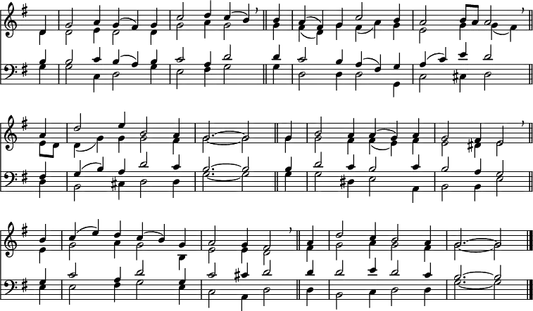 << <<
\new Staff { \clef treble \time 3/2 \key g \major \partial 4 \set Staff.midiInstrument = "church organ" \omit Staff.TimeSignature \set Score.tempoHideNote = ##t \override Score.BarNumber #'transparent = ##t
\relative c'
<< { d4 | g2 a4 g( fis) g | c2 d4 c( b) \breathe \bar"||"
b | a( fis) g c2 b4 | a2 b8 a a2 \breathe \bar"||" \break
a4 | d2 e4 b2 a4 | g2. ~ 2 \bar"||"
g4 | b2 a4 a( g) a | g2 fis4 e2 \breathe \bar"||" \break
b'4 | c( e) d c( b) g | a2 g4 fis2 \breathe \bar"||"
a4 | d2 c4 b2 a4 | g2. ~ 2 \bar"|." } \\
{ d4 | 2 e4 d2 4 | g2 a4 g2 4 | fis( d) g fis( a) g | e2 g4 g( fis)
e8 d | d4( g) g g2 fis4 | g2. ~ 2 4 | 2 fis4 4( e) fis | e2 dis4 e2
e4 | g2 a4 g2 b,4 | e2 4 d2 fis4 | g2 a4 g2 fis4 | g2. ~ 2 } >>
}
\new Staff { \clef bass \key g \major \set Staff.midiInstrument = "church organ" \omit Staff.TimeSignature
\relative c'
<< { b4 | 2 c4 b( a) b | c2 a4 d2 4 | c2 b4 a( fis) g | a( c) e d2
fis,4 | g( b) a d2 c4 | b2. ~ 2 4 | d2 c4 b2 c4 | b2 a4 g2
g4 | c2 a4 d2 g,4 | c2 cis4 d2 4 | 2 e4 d2 c4 | b2. ~ 2 } \\
{ g4 | 2 c,4 d2 g4 | e2 fis4 g2 4 | d2 4 2 g,4 | c2 cis4 d2
d4 | b2 cis4 d2 4 | g2. ~ 2 4 | 2 dis4 e2 a,4 | b2 4 e2
e4 | 2 fis4 g2 e4 | c2 a4 d2 4 | b2 c4 d2 4 | g2. ~ 2 } >>
}
>> >>
\layout { indent = #0 }
\midi { \tempo 4 = 108 }
