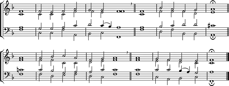 \new ChoirStaff <<
\new Staff { \clef treble \time 4/2 \key f \major \partial 1 \set Staff.midiInstrument = "church organ" \omit Staff.TimeSignature \set Score.tempoHideNote = ##t \override Score.BarNumber #'transparent = ##t
\relative c'
<< { f1 | 2 e f a | g g f1 \breathe \bar"||"
\time 2/2 f | \time 4/2 bes2 a f g | a1 \fermata \bar"||" \break
a | a2 bes c a | f g a1 \breathe \bar"||"
\time 2/2 a | \time4/2 g2 f f e | f1 \fermata | \bar"|." } \\
{ c1 | 2 2 2 f | f e f1 | c | f2 f f d | e1
f | f2 f c c | d e f1 | f | e2 f d c | c1 } >>
}
\new Staff { \clef bass \key f \major \set Staff.midiInstrument = "church organ" \omit Staff.TimeSignature
\relative c'
<< { a1 | g2 g a c | d c4( bes) a1 | a | bes2 c d d | cis1
c | c2 bes g a | a c c1 | c | c2 c bes4( a) g2 | a1 } \\
{ f1 | c2 c f a, | bes c f,1 | f' | d2 f bes, bes | a1 \fermata
f' | f2 d e f | d c f1 | f | c2 a bes c | f,1 \fermata } >>
}
>>
\layout { indent = #0 }
\midi { \tempo 2 = 66 }
