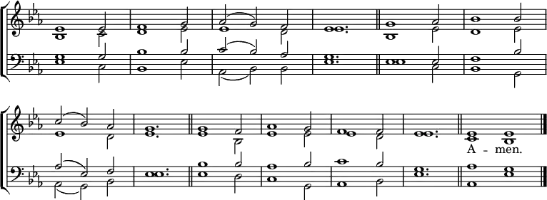 \new ChoirStaff <<
\new Staff { \clef treble \time 3/2 \key es \major \set Staff.midiInstrument = "church organ" \omit Staff.TimeSignature \set Score.tempoHideNote = ##t \override Score.BarNumber #'transparent = ##t
\relative c'
<< { es1 es2 | f1 g2 | aes( g) f | es1. \bar"||" g1 aes2 | bes1 bes2 | \break
c( bes) aes | g1. \bar"||" g1 f2 | aes1 g2 | f1 f2 | es1. \bar"||" \time 4/2 es1 es \bar"|."} \\
{ bes1 c2 | d1 es2 | es1 d2 | es1. | bes1 es2 | d1 es2 |
es1 d2 | es1. | es1 bes2 | es1 es2 | es1 d2 | es1. | c1 bes } >>
}
\addlyrics {_ _ _ _ _ _ _ _ _ _ _
_ _ _ _ _ _ _ _ _ _ _ _ A -- men.}
\new Staff { \clef bass \key es \major \set Staff.midiInstrument = "church organ" \omit Staff.TimeSignature
\relative c'
<< { g1 g2 | bes1 bes2 | c( bes) aes | g1. | es1 es2 | f1 bes2 |
aes2( es) f | es1. | bes'1 bes2 | aes1 bes2 | c1 bes2 | g1. | aes1 g } \\
{ es1 c2 | bes1 es2 | aes,( bes) bes | es1. | es1 c2 | bes1 g2 |
aes( g) bes | es1. | es1 d2 | c1 g2 | aes1 bes2 | es1. | aes,1 es' } >>
}
>>
\layout { indent = #0 }
\midi { \tempo 2 = 80 }