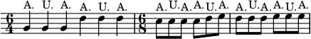 { \override Score.Clef #'stencil = ##f \clef bass
  \time 6/4 b,4^"A." b,^"U." b,^"A." f^"A." f^"U." f^"A." |
  \time 6/8 e8^"A." e^"U." e^"A." e^"A." f^"U." g^"A." | f^"A." f^"U." f^"A." g^"A." g^"U." g^"A." }