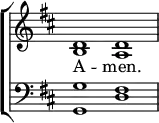 \new ChoirStaff <<
\new Staff { \clef treble \time 4/2 \key d \major \set Staff.midiInstrument = "church organ" \omit Staff.TimeSignature \set Score.tempoHideNote = ##t \override Score.BarNumber #'transparent = ##t
\relative c'
<< { d1 d } \\ { b a } >>
}
\addlyrics { A -- men. }
\new Staff { \clef bass \key d \major \set Staff.midiInstrument = "church organ" \omit Staff.TimeSignature
\relative c'
<< { g fis } \\ { g, d' } >>
}
>>
\layout { indent = #0 }
\midi { \tempo 4 = 120 }