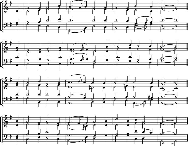 \new ChoirStaff <<
\new Staff { \clef treble \time 6/4 \key g \major \partial 4 \set Staff.midiInstrument = "church organ" \omit Staff.TimeSignature \set Score.tempoHideNote = ##t \override Score.BarNumber #'transparent = ##t
\relative c'
<< { d4 | g2 4 a2 c4 | b4.( a8 b4) a2 a4 | g2 4 c2 b4 | a2. ~ 2 \bar"||" \break
a4 | e2 fis4 g2 a4 | fis4.( e8 fis4) d2 b'4 | 2 d4 c2 4 | b2. ~ 2 \bar"||" \break
b4 | 2 d4 a2 b4 | c4.( d8 c4) b2 4 | 2 d4 c2 b4 | a2. ~ 2 \bar"||" \break
b4 | a2 g4 a2 fis4 | g4.( fis8 g4) a2 b4 | d2 b4 c a2 | g2. ~ 2 \bar"|." } \\
{ d4 | 2 e4 fis2 g4 | 2. fis2 4 | g2 e4 2 d4 | fis2. ~ 2
e4 | c2 4 d2 e4 | d2. 2 4 | g2 a4 g2 fis4 | g2. ~ 2
g4 | 2 4 fis2 g4 | e2. dis2 4 | e2 f4 e2 4 | c2. ~ 2
d4 | e2 4 fis2 d4 | 2( cis4) d2 4 | 2 4 g fis2 | g2. ~ 2 } >>
}
\new Staff { \clef bass \key g \major \set Staff.midiInstrument = "church organ" \omit Staff.TimeSignature
\relative c'
<< { a4 | b2 4 d2 e4 | d2. 2 4 | 2 c4 g4.( a8 b4) | d2. ~ 2
c4 | g2 a4 g2 c4 | a4.( g8 a4) fis2 g4 | d'2 4 g,2 a4 | b2. ~ 2
d4 | 2 4 2 4 | a2( g4) fis2 4 | g2 a4 2 gis4 | a2. ~ 2
fis4 | a2 b4 d2 a4 | g2. fis2 g4 | a2 b4 e d( c) | b2. ~ 2 } \\
{ fis4 | g2 e4 d2 c4 | g2( b4) d2 c4 | b2 c4 e4.( fis8) g4 | d2. ~ 2
a4 | c2 a4 b2 c4 | d2. 2 g4 | 2 fis4 e2 d4 | g2. ~ 2
g4 | 2 b,4 d2 b4 | a2. b2 4 | e2 d4 a4.( c8) e4 | a,2. ~ 2
d4 | c2 e4 d2 c4 | b2( e4) d2 g4 | fis2 g4 c, d2 | g,2. ~ 2 } >>
}
>>
\layout { indent = #0 }
\midi { \tempo 4 = 168 }