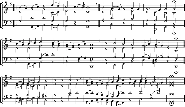 \new ChoirStaff <<
\new Staff { \clef treble \time 4/2 \key g \major \set Staff.midiInstrument = "church organ" \omit Staff.TimeSignature \set Score.tempoHideNote = ##t \override Score.BarNumber #'transparent = ##t \override Staff.NoteHead.style = #'altdefault
\relative c''
<< { \bar".|:" b4( a) b( c) d2 e4( d) | c2 4.( b8) b1 \breathe \bar"||"
b2 a4.( g8) 2 a4 g | g2. fis4 g2 g \fermata \bar":|." \break
b4( a) b( c) d2 c4( b) | a( g) a( b) a1 \breathe \bar"||"
c2 c b a | g4( b) a( g) fis2 d \fermata \bar"||" \break
fis4( e) fis( g) a2 b | c c c c \breathe \bar"||"
b4( a) g( fis) g( a) b( c) | d2 c4( b) a2.( g4) | g \breve \fermata \bar"|." } \\
{ d2 g g c,4( d) | e2 d d1 | 2 fis g e | d d b b
d d g a4( g) | fis( e) d2 1 | c2 d d d | g e d a
d4( e) d( cis) d2 d | e c e fis | g4( fis) d2 d d4( fis) | g( b) a( g) g2( fis) | d \breve } >>
}
\new Staff { \clef bass \key g \major \set Staff.midiInstrument = "church organ" \omit Staff.TimeSignature \override Staff.NoteHead.style = #'altdefault
\relative c'
<< { g2 d' d g, | g fis g1 | b2 d b c | a a g d
g g g4( d') e2 | a, fis4( g) fis1 | e2 a g fis | b4( g) e( a) a2 fis
a a fis gis | a e c' d | d4( c) b( a ) g( fis) g( d') | d2 e a,( d) | b \breve } \\
{ g2 g,4( a) b2 c4( b) | a2 d g,1 | g'2 d e c | d d, g g \fermata
g' g,4( a) b2 c | d d d,1 | a'2 fis g d' | e cis d d, \fermata
d'4( cis) d( e) d2 b | a a a' d, | g,4( a) b( c) b( a) g( fis) | b2 c d1 | g, \breve \fermata } \\
\tiny \stemDown \shiftOff { s1 s | s s | s s | s2 d' s1
s s | s d | s s | s s2 d } >>
}
>>
\layout { indent = #0 }
\midi { \tempo 2 = 76 }