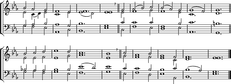 \new ChoirStaff <<
\new Staff { \clef treble \time 3/2 \key es \major \set Staff.midiInstrument = "church organ" \omit Staff.TimeSignature \set Score.tempoHideNote = ##t \override Score.BarNumber #'transparent = ##t
\relative c''
<< { bes2 aes g | f1 es2 | f1. | es1 \breathe \bar"||"
g2 | aes( bes) c | bes( aes) g | g1( f2) | g1. \bar"||" \break
bes2 c d | es1 d2 | c1. | bes1 \breathe \bar"||"
c2 | aes1 bes2 | g1 f2 | f1. | es \bar"|." } \\
{ es2 c4( d) es2 | c1 es2 | es1( d2) | es1
es2 | f1 g2 | f1 es2 | c1. | d
es2 es f | es1 g2 | aes1. | es1
g2 | f1 f2 | es1 c2 | d1. | es } >>
}
\new Staff { \clef bass \key es \major \set Staff.midiInstrument = "church organ" \omit Staff.TimeSignature \override Staff.NoteHead.style = #'altdefault
\relative c'
<< { g2 aes bes | aes1 g2 | bes1. | g1
c2 | c1 c2 | f,1 bes2 | c1. | b
bes!2 aes aes | bes1 bes2 | es1( d2) | es1
c2 | c1 bes2 | bes1 c2 | bes1( aes2) | g1. } \\
{ g2 f es | aes,1 c2 | bes1. | es1
c2 | f1 es2 | d1 es2 | aes,1. | g
g'2 aes f | g1 es2 | f1. | g1
es2 | f1 d2 | es1 aes,2 | bes1. | es } >>
}
>>
\layout { indent = #0 }
\midi { \tempo 2 = 80 }