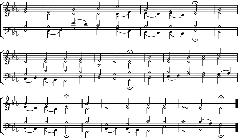\new ChoirStaff <<
\new Staff { \clef treble \time 4/2 \key es \major \partial 2 \set Staff.midiInstrument = "church organ" \omit Staff.TimeSignature \set Score.tempoHideNote = ##t \override Score.BarNumber #'transparent = ##t
\relative c''
<< { bes2 | g bes c es | bes aes g \fermata \bar"||" bes \break
es, g aes g | f es f \fermata \bar"||" bes | g bes c es \break
bes aes g \fermata \bar"||" bes | es, g aes g | f f es \fermata \bar"|." } \\
{ g2 | es es es es4( g) | f( es) f( d) es2 f
es es es es | bes es d f | es es aes bes
f4( es) f( d) es2 d | es es es es | es d es } >>
}
\new Staff { \clef bass \key es \major \set Staff.midiInstrument = "church organ" \omit Staff.TimeSignature
\relative c'
<< { bes2 | 2 es4( d) c2 bes | bes bes bes bes
g c c bes | f g bes bes | bes bes aes g4( aes)
bes2 bes bes bes | g g c bes | c bes4( aes) g2 } \\
{ es2 | 4( f) g2 aes g4( es) | d( c) d( bes) es2 \fermata d
c4( d) c( bes) aes2 es' | d c bes \fermata d | es4( f) g2 f es
d4( c) d( bes) es2 \fermata | g, c4( d) c( bes) aes2 es' | aes, bes es \fermata } >>
}
>>
\layout { indent = #0 }
\midi { \tempo 2 = 50 }