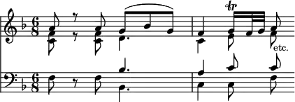 { \time 6/8 \key f \major << << \relative a' { a8 r a g( bes g) | f4 g16\trill f32 g a8 } \\ \relative f' { <f c>8 r <f c> d4. | c4 e8 f } >>
\new Staff { \clef bass \key f \major \relative f { f8 r f << { bes4. | a4 c8 c^\markup { \null \smaller etc. } } \\ { bes,4. c4 c8 f } >> } } >> }
