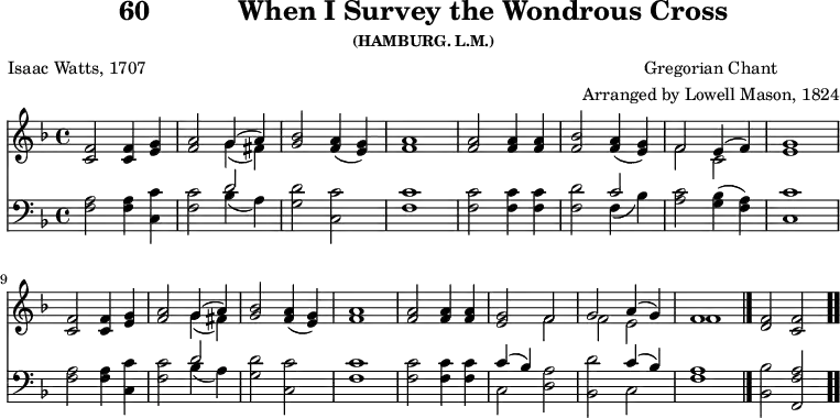 \version "2.16.2"
crossComposer = \markup { \center-column { "Gregorian Chant" "Arranged by Lowell Mason, 1824" } }
\header { tagline = ##f title = \markup { "60" "          " "When I Survey the Wondrous Cross" } subsubtitle = "(HAMBURG. L.M.)" composer = \crossComposer poet = "Isaac Watts, 1707" }
\score { << << \new Staff { \key f \major \time 4/4 \relative f' {
  <f c>2 q4 <g e> |
  <a f>2 << { g4^( a) } \\ { g_( fis) } >> |
  <bes g>2 <a f>4( <g e>) | <a f>1 |
  q2 q4 q | <bes f>2 <a f>4( <g e>) |
  << { f2 e4( f) } \\ { f2 c } >> |
  <e g>1 | \break % end line 1
  <f c>2 q4 <g e> |
  <a f>2 << { g4^( a) } \\ { g_( fis) } >> |
  <bes g>2 <a f>4( <g e>) | <a f>1 |
  q2 q4 q | <g e>2 << { f | g a4( g) | f1 } \\
                      { f2 | f e | f1 } >> \bar "|."
  <f d>2 <f c> \bar ".." } }
\new Staff { \clef bass \key f \major \relative f {
  <f a>2 q4 <c c'> |
  <f c'>2 << { d' } \\ { bes4( a) } >> |
  <g d'>2 <c, c'> | <f c'>1 |
  q2 q4 q | <f d'>2 << { c' } \\ { f,4( bes) } >> |
  <a c>2 <g bes>4( <f a>) | <c c'>1 | % end line 1
  <f a>2 q4 <c c'> |
  <f c'>2 << { d' } \\ { bes4( a) } >> |
  <g d'>2 <c, c'> | <f c'>1 |
  q2 q4 q | << { c'4( bes) } \\ { c,2 } >> <d a'> |
  <bes d'> << { c'4( bes) } \\ { c,2 } >> | <f a>1 |
  <bes, bes'>2 <f f' a> } } >> >>
\layout { indent = #0 }
\midi { \tempo 4 = 112 } }
