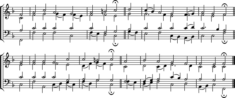 \new ChoirStaff <<
\new Staff { \clef treble \time 4/2 \key f \major \partial 2 \set Staff.midiInstrument = "church organ" \omit Staff.TimeSignature \set Score.tempoHideNote = ##t \override Score.BarNumber #'transparent = ##t
\relative c'
<< { f2 | a c a g | a b c \fermata \bar"||"
d | c4( bes) a2 g f4( g) | a2 g f \fermata \bar"||" \break
g | a a g c | c b c \fermata \bar"||"
a | bes a g f | f e f \fermata \bar"|." } \\
{ c2 | f g g4( f) f( e) | f2 f e g | g2. f4 e2 f | f e f
e | f f f e | d4( f) g( f) e2 c | d c4( d) e2. d4 | c2 c c } >>
}
\new Staff { \clef bass \key f \major \set Staff.midiInstrument = "church organ" \omit Staff.TimeSignature
\relative c'
<< { a2 | c c c c | c f, g bes | c c c c4( d) | c2. bes4 a2
c | c c c g | a g g f | f4( g) a2 c4( bes) a2 | a g a } \\
{ f,2 | f' e f c | f4( e) d2 c \fermata
g'4( f) | e2 f c4( bes) a( bes) | c2 c f \fermata
c | f a, c4( d) e( c) | f( d) g2 c, \fermata
f4( e) | d( e) f2 c d | a4( bes) c2 f, \fermata } >>
}
>>
\layout { indent = #0 }
\midi { \tempo 2 = 46 }