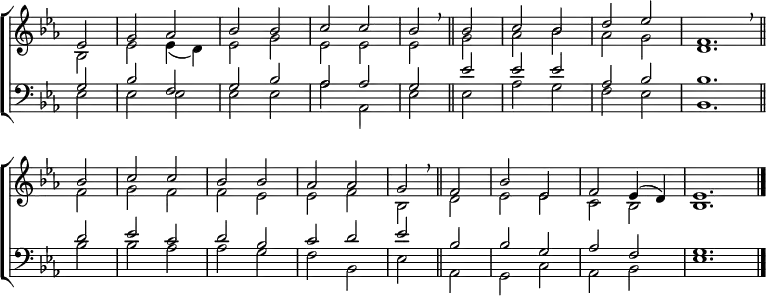 \new ChoirStaff <<
\new Staff { \clef treble \time 2/2 \key es \major \partial 2 \set Staff.midiInstrument = "church organ" \omit Staff.TimeSignature \set Score.tempoHideNote = ##t \override Score.BarNumber #'transparent = ##t
\relative c'
<< { es2 | g aes | bes bes | c c | bes \breathe \bar"||" bes | c bes | d es | \time 4/2 f,1. \breathe \bar"||" \break
bes2 | \time 2/2 c c | bes bes | aes aes | g \breathe \bar"||" f | bes es, | f es4( d) | \time 6/2 es1. \bar"|." } \\
{ bes2 | es2 es4( d) | es2 g | es es | es g | aes bes | aes g | d1.
f2 | g f | f es | es f | bes, d | es es | c bes | bes1. } >>
}
\new Staff { \clef bass \key es \major \set Staff.midiInstrument = "church organ" \omit Staff.TimeSignature \override Staff.NoteHead.style = #'altdefault
\relative c'
<< { g2 | bes f | g bes | aes aes | g es' | es es | aes, bes | bes1.
d2 | es c | d bes | c d | es bes | bes g | aes f | g1. } \\
{ es2 | es es | es es | aes aes, | es' es | aes g | f es | bes1.
bes'2 | bes aes | aes g | f bes, | es aes, | g c | aes bes | es1. } >>
}
>>
\layout { indent = #0 }
\midi { \tempo 2 = 80 }