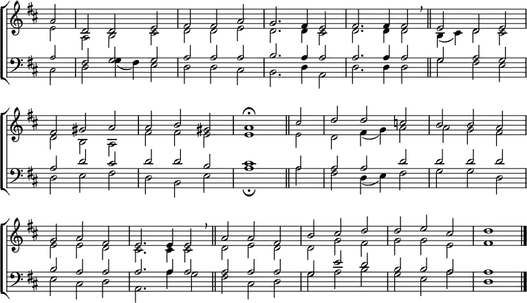 \new ChoirStaff <<
\new Staff { \clef treble \time 3/2 \key d \major \partial 2 \set Staff.midiInstrument = "church organ" \omit Staff.TimeSignature \set Score.tempoHideNote = ##t \override Score.BarNumber #'transparent = ##t
\relative c''
<< { \once \tiny a2 | d, d e | fis fis a | g2. fis4 e2 | fis2. fis4 fis2 \breathe \bar"||" e d e \break
fis gis a | a b gis | a1 \fermata \bar"||" \once \tiny cis2 | d d c | b b a \break
g a fis | e2. e4 e2 \breathe \bar"||" a a fis | b cis d | d e cis | d1 \bar"|."} \\
{ \once \tiny e,2 | a, b cis | d d e | d2. d4 cis2 | d2. d4 d2 | b4( cis) d2 cis
d b a | fis' fis e | e1 \once \tiny e2 | d fis4( g) a2 | a g fis
e e d | cis2. cis 4 cis2 | d e d | d g fis | g g e | fis1 } >>
}
\new Staff { \clef bass \key d \major \set Staff.midiInstrument = "church organ" \omit Staff.TimeSignature
\relative c'
<< { \once \tiny a2 | fis g g | a a a | b2. a4 a2 | a2. a4 a2 | g a g
a d cis | d d b | cis1 \once \tiny a2 | a a d | d d d |
b a a | a2. a4 a2 | a a a | g e' d | b b a | a1 } \\
{ \once \tiny cis,2 | d g4( fis) e2 | d d cis | b2. d4 a2 | d2. d4 d2 | g fis e |
d e fis | d b e | a1 \fermata \once \tiny a2 | fis d4( e) fis2 | g g d |
e cis d | a2. a'4 g2 | fis cis d | g a b | g e a | d,1 } >>
}
>>
\layout { indent = #0 }
\midi { \tempo 2 = 80 }