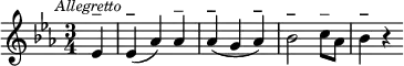 \relative c' {\clef treble
\key ees \major
\time 3/4
\override Score.RehearsalMark #'break-align-symbol = #'time-signature
\mark \markup { \small \italic "Allegretto" }
\partial 4*1 ees4^\markup{–} |
ees^\markup{\bold –}( aes) aes^\markup{–} |
aes^\markup{\bold –}( g aes^\markup{\bold –}) |
bes2^\markup{\bold –} c8^\markup{–} aes |
bes4^\markup{\bold –} r4}