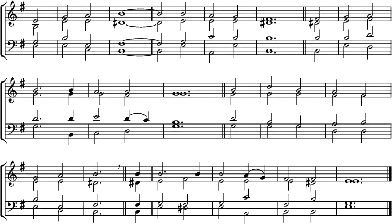 \new ChoirStaff <<
\new Staff { \clef treble \time 2/2 \key e \minor \partial 2 \set Staff.midiInstrument = "church organ" \omit Staff.TimeSignature \set Score.tempoHideNote = ##t \override Score.BarNumber #'transparent = ##t
\relative c'
<< { e2 | g a | b1 ~ | 2 2 | a g | \time 4/2 fis1. \bar"||" 2 | \time 2/2 g a \break
b2. 4 | a2 a | \time 4/2 g1. \bar"||" b2 | \time 2/2 d b | a fis \break
g a | b2. \breathe \bar"||" 4 | 2. 4 | 2 a4( g) | fis2 2 | \time 4/2 e1. \bar"|." } \\
{ b2 | e e | dis1 ~ | 2 e | e e | dis1. dis!2 | e fis
g2. 4 | 2 fis | g1. 2 | 2 2 | fis fis
e e | dis2. dis!4 | e2 fis | e e | e dis | e1. } >>
}
\new Staff { \clef bass \key e \minor \set Staff.midiInstrument = "church organ" \omit Staff.TimeSignature
\relative c'
<< { g2 | b e, | fis1 ~ | 2 g | c b | b1. 2 | 2 d
d2. 4 | e2 d4( c) | b1. d2 | b g | a b
b e, | fis2. 4 | g2 fis | g c | fis, b | g1. } \\
{ e2 | 2 c | b1 ~ | 2 e | a, e' | b1. 2 | e d
g2. b,4 | c2 d | g1. 2 | 2 2 | d d
e c | b2. 4 | e2 dis | e a, | b b | e1. } >>
}
>>
\layout { indent = #0 }
\midi { \tempo 2 = 69 }