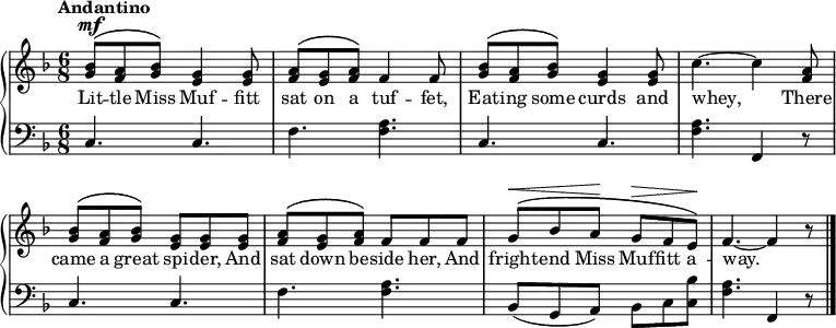 \new PianoStaff << \override Score.BarNumber #'transparent = ##t \relative c''
\new Staff << { \time 6/8 \key f \major \tempo Andantino \phrasingSlurUp \dynamicUp
<bes g>8\mf\( <a f> <bes g>\) <g e>4 <g e>8 | <a f>\( <g e> <a f>\) f4 f8 | <bes g>\( <a f> <bes g>\) <g e>4 <g e>8 | c4.~c4 <a f>8 | <bes g>\( <a f> <bes g>\) <g e> <g e> <g e> | <a f>\( <g e> <a f>\) f f f | g\(\<bes a\! g\> f e\!\) | f4.~f4 r8 \bar "|."
}
\addlyrics { Lit -- tle Miss Muf -- fitt sat on a tuf -- fet, Eat -- ing some curds and whey, There came a great spi -- der, And sat down be -- side her, And fright -- end Miss Muf -- fitt a -- way.
} >>
\new Staff { \clef bass \key f \major
c4. c | f <a f> | c c | <a f> f,4 r8 | c4. c | f <a f> | bes,8(g, a,) bes, c <bes c> | <a f>4. f,4 r8
}
>>