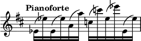 { \override Score.TimeSignature #'stencil = ##f \time 6/8 \tempo "Pianoforte" \key d \major \relative e' { ees16( ees') ees,( ees') a,( a') c,( c') ees,( ees') ees,,( ees') | } }