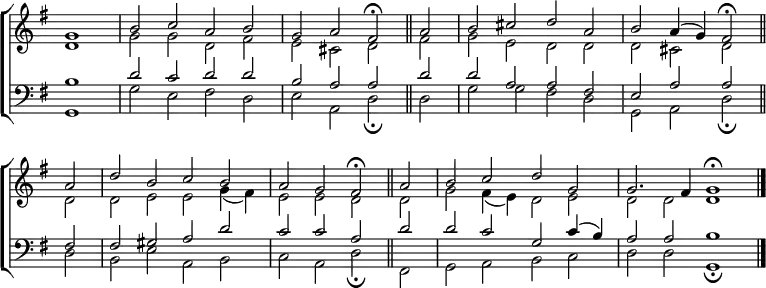 \new ChoirStaff <<
\new Staff { \clef treble \time 4/2 \key g \major \partial 1 \set Staff.midiInstrument = "church organ" \omit Staff.TimeSignature \set Score.tempoHideNote = ##t \override Score.BarNumber #'transparent = ##t
\relative c''
<< { g1 | b2 c a b | g a fis \fermata \bar"||" a | b cis d a | b a4( g) fis2 \fermata \bar"||" \break
a2 | d b c b | a g fis \fermata \bar"||" a | b c d g, | g2. fis4 g1 \fermata \bar"|." } \\
{ d1 | g2 g d fis | e cis d fis | g e d d | d cis d
d | d e e g4( fis) | e2 e d d | g fis4( e) d2 e | d d d1 } >>
}
\new Staff { \clef bass \key g \major \set Staff.midiInstrument = "church organ" \omit Staff.TimeSignature \override Staff.NoteHead.style = #'altdefault
\relative c'
<< { b1 | d2 c d d | b a a d | d a a fis | e a a
fis | fis gis a d | c c a d | d c g c4( b) | a2 a b1 } \\
{ g,1 | g'2 e fis d | e a, d \fermata d | g g fis d | g, a d \fermata
d | b e a, b | c a d \fermata | fis, | g a b c | d d g,1 \fermata} >>
}
>>
\layout { indent = #0 }
\midi { \tempo 2 = 72 }