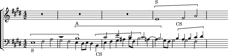  \new ChoirStaff << \override Score.BarNumber #'break-visibility = #'#(#f #f #f)
  \new Staff \relative e' { \key e \major \time 4/2 R1*6
    \[ e1^"S" fis2 a | s2 \] }
  \new Staff \relative b << \clef bass \key e \major
    \new Voice { \stemUp s1 s r1 \[ b^"A" | cis2 e dis cis |
      b2. \] \[ b4^"CS" a b cis dis | s2 \] }
    \new Voice { \stemDown \[ e,1_"S" fis2 a |
      gis fis e4 \] dis8 e dis4 \[ b_"CS" |
      e fis gis ais b8 fis b2 \] a4 ~ |
      a gis8 fis gis2 gis fis } >> >>