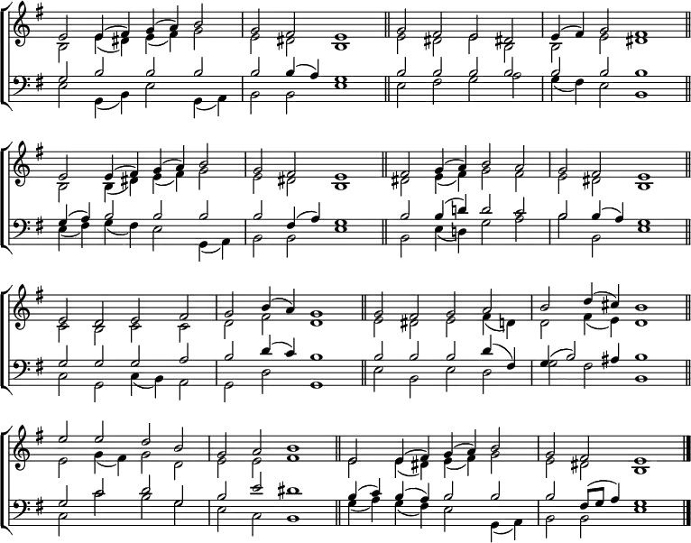 \new ChoirStaff <<
\new Staff { \clef treble \time 4/2 \key e \minor \set Staff.midiInstrument = "church organ" \omit Staff.TimeSignature \set Score.tempoHideNote = ##t \override Score.BarNumber #'transparent = ##t
\relative c'
<< { e2 e4( fis) g( a) b2 | g fis e1 \bar"||" g2 fis e dis! | e4( fis) g2 fis1 \bar"||" \break
e2 e4( fis) g( a) b2 | g fis e1 \bar"||" fis2 g4( a) b2 a | g fis e1 \bar"||" \break
e2 d e fis | g b4( a) g1 \bar"||" g2 fis g a | b d4( cis) b1 \bar"||" \break
e2 e d b | g a b1 \bar"||" e,2 e4( fis) g( a) b2 | g fis e1 \bar"|." } \\
{ b2 e4( dis) e( fis) g2 | e dis b1 | e2 dis e b | b e dis1 |
b2 b4( dis) e( fis) g2 | e dis b1 | dis2 e4( fis) g2 fis | e dis b1 |
c2 b c c | d fis d1 | e2 dis e fis4( d) | d2 fis4( e) d1 |
e2 g4( fis) g2 d | e e fis1 | e2 e4( dis) e( fis) g2 | e dis b1 } >>
}
\new Staff { \clef bass \key e \minor \set Staff.midiInstrument = "church organ" \omit Staff.TimeSignature \override Staff.NoteHead.style = #'altdefault
\relative c'
<< { g2 b b b | b b4( a) g1 | b2 b b b | b b b1 |
g4( a) b2 b b | b fis4( a) g1 | b2 b4( d!) d2 c | b b4( a) g1 |
g2 g g a | b d4( c) b1 | b2 b b d4( fis,) | g4( b2) ais4 b1 |
g2 c d g, | b e dis1 | b4( c) b( a) b2 b | b fis8( g a4) g1 } \\
{ e2 g,4( b) e2 g,4( a) | b2 b e1 | e2 fis g a | g4( fis) e2 b1 |
e4( fis) g( fis) e2 g,4( a) | b2 b e1 | b2 e4( d!) g2 a | b b, e1 |
c2 g c4( b) a2 | g d' g,1 | e'2 b e d | g fis b,1 |
c2 c' b g | e c b1 | g'4( a) g( fis) e2 g,4( a) | b2 b e1 } >>
}
>>
\layout { indent = #0 }
\midi { \tempo 2 = 58 }