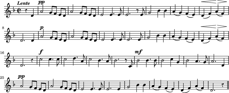 
{
\relative d' {
  \time 2/2 \tempo \markup \italic "Lente"
  \key f \major
  \partial 2 \override Score.Rest #'style = #'classical
  r4 d |
  a'2^\pp g8[ f] e d |
  a'2 g8[ f] e d |
  e2 e4. e8 |
  e2. r8 e |
  %end line 1
  g2 bes4 bes |
  a( g) f( e) |
  d(^\< f) a(^\> f) |
  d2.\! d4 |
  a'2^\p g8[ f] e d |
  %end line 2
  a'2 g8[ f] e d |
  e2 e4. e8 |
  e2. e8*2/1 |
  g2 bes4 bes |
  a( g) f( e) |
  %end line 3
  d(^\< f) a(^\> f) |
  d2.\! r4 |
  c'2^\f c4. c8 |
  c2 d4. a8 |
  c2 bes4. a8 |
  %end line 4
  bes2. r8 c, |
  bes'2^\mf bes4. bes8 |
  bes2 c4 g |
  bes2 a4. g8 |
  a2. d,4 |
  %end line 5
  a'2^\pp g8[ f] e d |
  a'2 g8[ f] e d |
  e2 e4. e8 |
  e2. e4 |
  %end line 6
  g2 bes4 bes |
  a( g) f( e) |
  d( f) a( f) |
  d2. r4 \bar "||"
}
}
