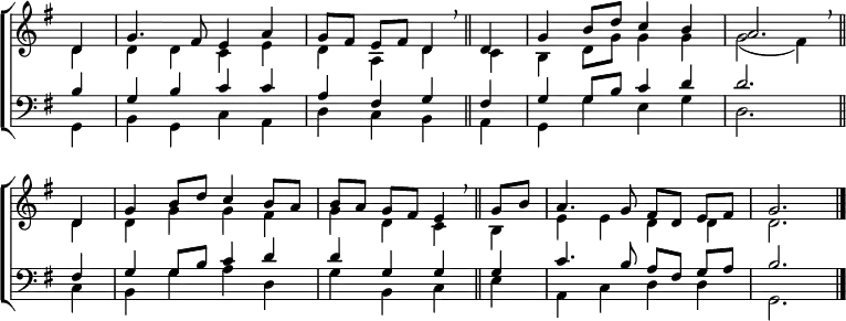 
\new ChoirStaff <<
  \new Staff { \clef treble \time 4/4 \key g \major \partial 4 \set Staff.midiInstrument = "church organ" \omit Staff.TimeSignature \set Score.tempoHideNote = ##t \override Score.BarNumber  #'transparent = ##t
  \relative c'
  << { d4 | g4. fis8 e4 a | g8[ fis] e[ fis] d4 \breathe \bar"||" 
       d4 | g b8 d c4 b a2. \breathe \bar"||" \break
       d,4 | g b8 d c4 b8 a | b[ a] g[ fis] e4 \breathe \bar"||"
       g8 b | a4. g8 fis[ d] e[ fis] | g2. \bar"|." } \\
  { d4 | d d c e | d a d c | b d8 g g4 g | g2( fis4)
    d | d g g fis | g d c b | e e d d | d2. } >>
  } 
\new Staff { \clef bass \key g \major \set Staff.midiInstrument = "church organ" \omit Staff.TimeSignature
  \relative c'
  << { b4 | g b c c | a fis g fis | g g8 b c4 d | d2.
       fis,4 | g g8 b c4 d | d g, g g | c4. b8 a[ fis] g[ a] | b2. } \\
  { g,4 | b g c a | d c b a | g g' e g | d2.
    c4 | b g' a d, | g b, c e | a, c d d | g,2. } >>
  } 
>>
\layout { indent = #0 }
\midi { \tempo 4 = 96 }
